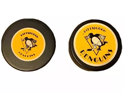 Pittsburgh Penguins 2 Hockey Pucks Vtg NHL General Tire In Glas Co Trench Mfg • $19.99