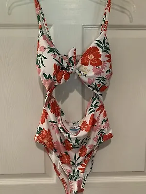 NEW MODCLOTH One Piece Swimsuit White Pink Floral Bathing Suit Medium • $16.99