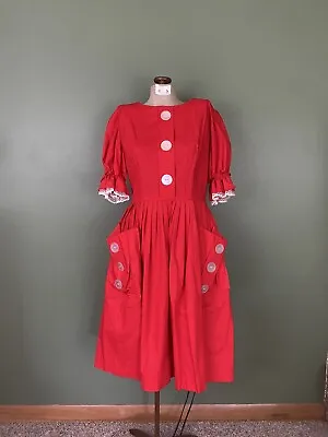 VTG Red Full Circle Square Dance Dress Large Pockets 60s 50s Handmade Pockets • $249.99