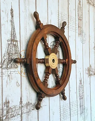 £35.64 • Buy 18  Nautical Wooden Ship Steering Wheel Pirate Wood Brass Fishing Wall Décor NEW