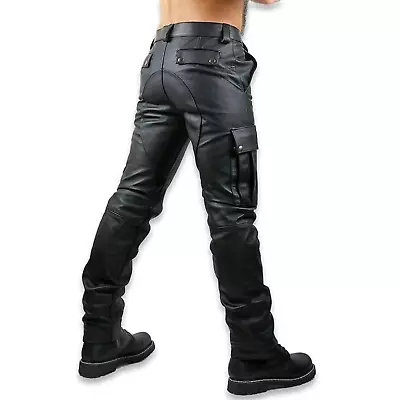 Men Genuine Leather Pant Plain Cargo Real Leather Jeans Slim Trousers Blackcow • $55