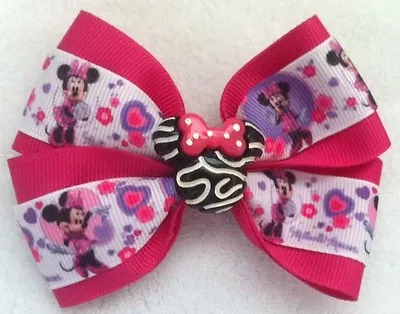 Girls Hair Bow 4  Wide Minnie Mouse Ribbon Zebra Minnie Flatback Alligator Clip • $6.99