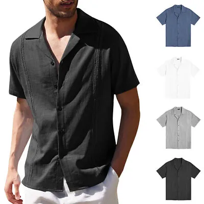 £15.29 • Buy Men' Cuban Guayabera T-Shirt Summer Button Down Shirts Short Sleeve Hippie Beach