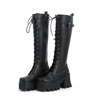 Ladies Gothic Knee High Boots Wedge Platform Heel Lace Up Combat Riding Boots • $73.85