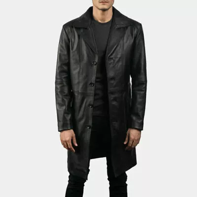 Men's Black Genuine Sheep Leather Blazer Four Buttons Slim Fit Knee Length Coat • £89.99