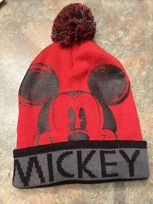 Disney Mickey Mouse Pom Pom Winter Knit Hat Red And Black • $9.95