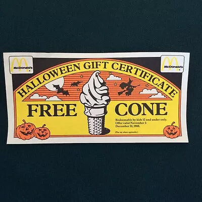 Vintage McDonalds Halloween Coupon Gift Certificate  Free Cone  Unused 1988 • $28