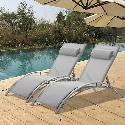 2 Relaxing Foldable Sun Lounger Set Outdoor Garden Patio Reclining Seater Grey • £99