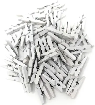 100 Mini Pegs White Colour Small Wooden Pin Clip Art Crafts Hanging Photo-Clamp • £5.39