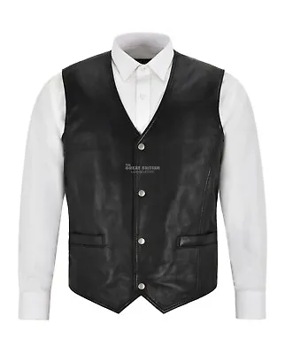 Mens Leather Waistcoat Gilet Formal Classic Black Real Leather Biker Vest 1118 • $53.69