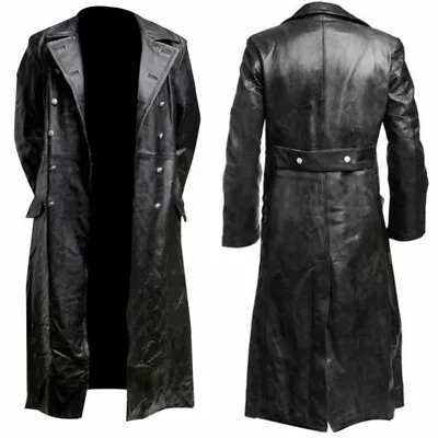 Men's Military Uniform German Classic WW2 Officer Black Real Leather Trench Coat • $50