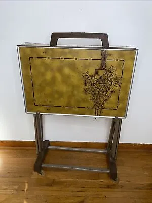 Vintage Metal TV TRAYS With Stand Brown Gold  MCM Mid Century Modern Wheels • $135