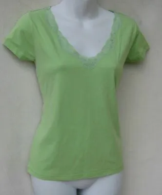 Sigrid Olsen Green Women's Stretch V-Neck Lace Neckline T-Shirt Top Sz XS • $11.25