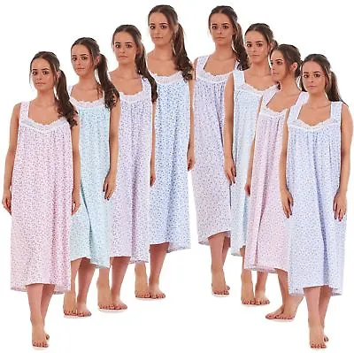 Ladies Nightwear Floral Print 100% Cotton Sleeveless Long Nightdress M To XXXL • £8.95