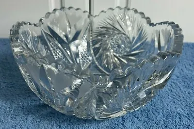 Vintage Crystal Cut Glass 8  Bowl With Scalloped Sawtooth Edge Heavy • $32