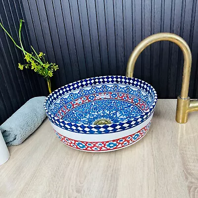 Moroccan Blue White And Red Sink; Bathroom Vessel Sink Handcrafted Artisan Sink • $190