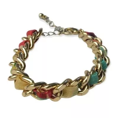 Gold Tone Curb Chain Link Multicolor Fabric Bracelet 7  Long 2” Extender Lobster • $9.84