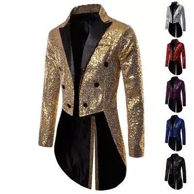 Men Shiny Glitter Blazer Suit Nightclub Prom Stage Double-breasted Tailcoat • $62.24