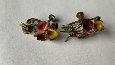 Vintage Austrian Crystal Enamel Multicolor Bouquet Flower Earrings Screw Back • $22