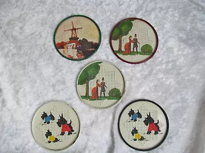Set Of Five Vintage Punched Tin Coasters - Windmill Scottie Dog Couple • $6