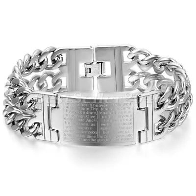 Mens Wide Heavy Religious Cross English Lord Prayer Stainless Steel Bracelet 9  • $14.99