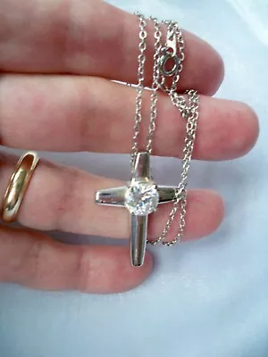 Vintage Cubic Zirconia Center Accent Silvertone Modernist Cross Pendant Necklace • $7.85