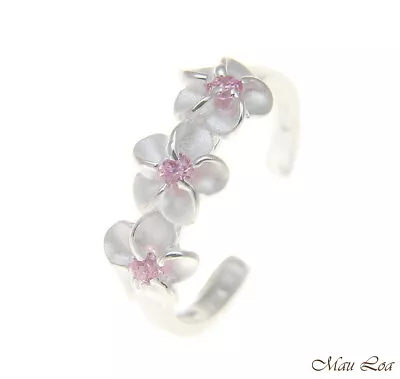 925 Sterling Silver Hawaiian Triple Plumeria Flower Pink CZ Open Toe Ring • $12.99