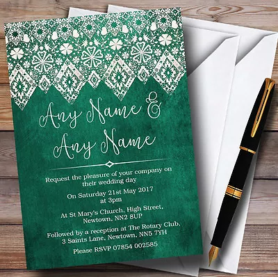 Teal Green Old Paper & Lace Effect Personalised Wedding Invitations • £9.99