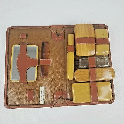 Vintage Men's Travel Grooming Dop Kit Leather Case Mid Century Celluloid • $22.46