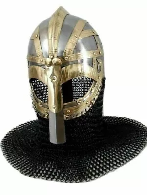 Medeival Ancient War Helmet With Chainmail Curtain In Brass And Steel Finish. • $155