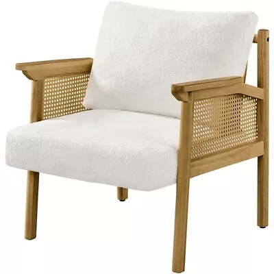 Wood Accent Chair Vanity Chair With Rattan Back Boucle Armchair For Living Room • £72.99