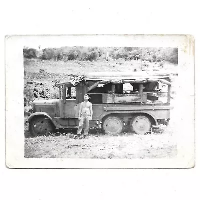 WWII US Army Soldier W Military Truck Shirtless Man 1940s Vintage Snapshot Photo • $16.49