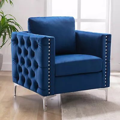 Velvet Accent Chair Button Tufted Single Sofa Armchair Club Chair Steel Legs NEW • $289.99