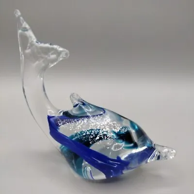 MURANO Style GLASS Dolphin FIGURINE CLEAR W/ BLUE & SILVER MADE IN ITALY #174 • $17.99