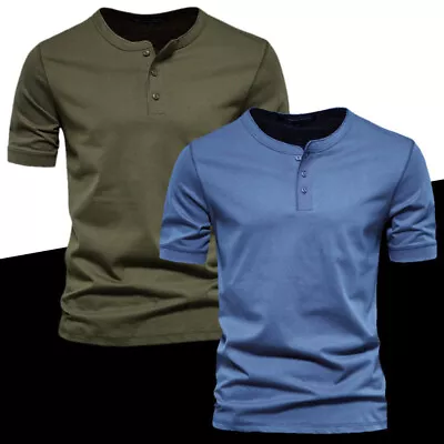 Mens Henley Neck T-Shirt Short Sleeve Loose Summer Casual Blouse Tee Shirt Tops❀ • $5.80