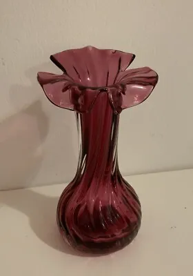 Vintage Cranberry Glass Vase Handblown Jack In The Pulpit Design Excellent Cond. • $22