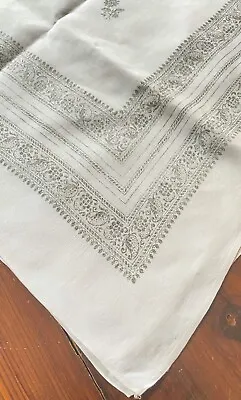 Vintage Ecru Linen Tablecloth With Silver Floral Print  WW869 • $55