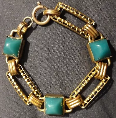 Vintage 1940s Bracelet Brass Gold Wash Links W/ 3 Jade Glass Pyramid Cabochons • $14.99