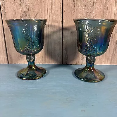 Vintage Indiana Iridescent Carnival Glass BLUE Harvest Grape Water Goblets (2) • $17.99