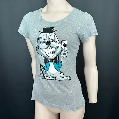 Metersbonwe T-shirt Small Womens Grey Mad Hatter White Rabbit Ace Of Spades Top • £5.95