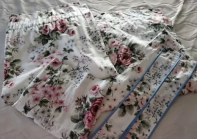 Vtg 80s 90s PINK BLUE ROSES FLORAL CURTAIN PANEL W/ VALANCE Waverly COTTAGE CHIC • $49.99