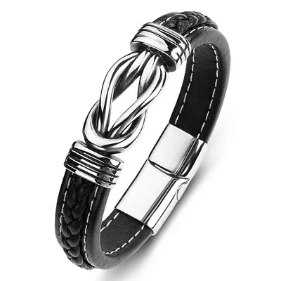 Men's Leather Braided Silver Bracelet Wristband Stainless Steel • $13.47