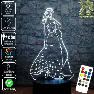 Barbie In Gown  3d Led Battery Usb Night Light 7 Colours + Remote Control Timer • $34.99