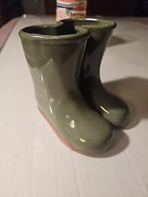 Rain Boots Planter Ceramic Terra Cotta Vintage Marked UK 5  X 5  Green Attached • $15