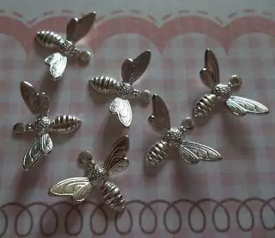 Tiny Silver Bee Charms - Little Pendants Wings Bent In Flight - 13mmX7mm - Qty 5 • $2.24