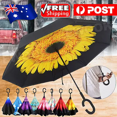 $14.85 • Buy Windproof Upside Down Reverse Umbrella C-Handle Double Layer Inside-Out Inverted