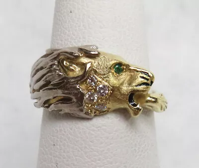 Vintage 18k Gold & Diamonds Hellenistic Lion Head Ring Size 6 • $800