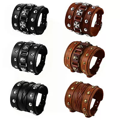 Mens Punk Wide Braided Cross Rivet Skull Belt PU Leather Bracelet Cuff Wristband • $10.99