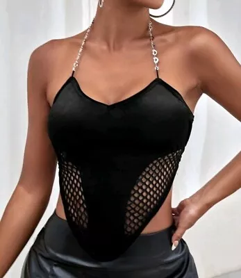 Womens Size 10-12 Black Velvet Fishnet Crop Top Hanky Hem Chain Halter M New Alt • £9.95