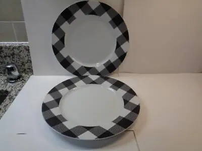 Lot Of 2 H2K Home To Kitchen BUFFALO PLAID White & Black 10.5  Dinner Plates • $29.50